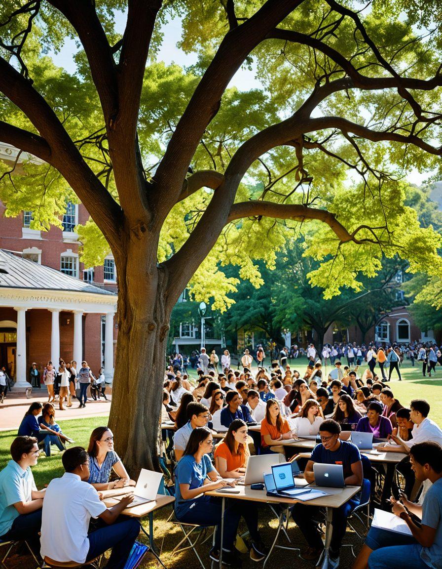 A vibrant and inviting university campus scene at UVA, showcasing diverse students engaged in joyful discussions about careers, with some studying under a tree and others networking. Include elements like a cheering crowd at a career fair, colorful banners promoting various job opportunities, and bright sunshine illuminating the scene. super-realistic. vibrant colors. white background.