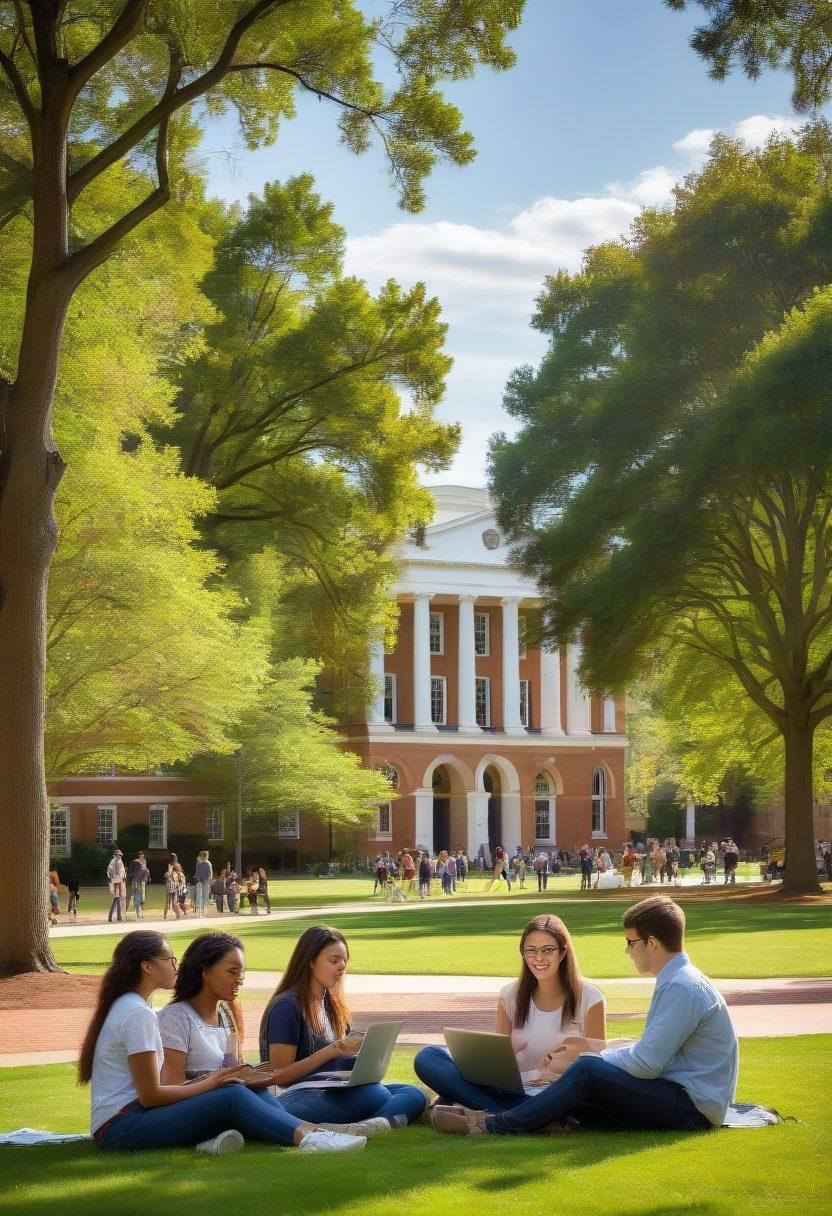 An inspiring scene of a diverse group of students at UVA sitting together in a lush green campus, engaging in lively discussions about career opportunities. The background showcases iconic UVA architecture, with sunlight filtering through the trees, symbolizing growth and potential. Include elements like laptops, books, and a visible career fair backdrop to emphasize employment themes. super-realistic. vibrant colors.