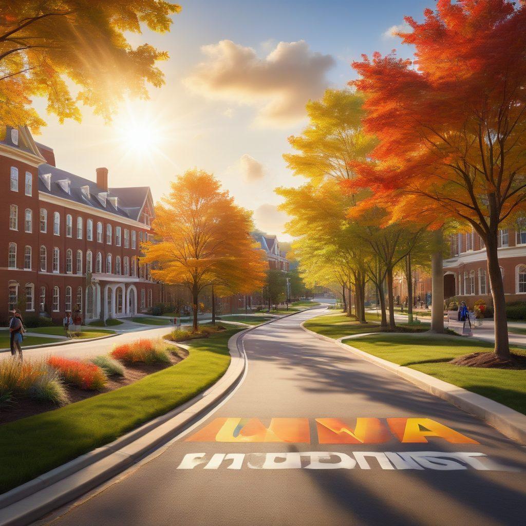 A winding road leading through a serene campus landscape with UVA buildings in the background, dotted with signs like 'Internship', 'Full-Time', and 'Career Satisfaction'. Alongside the road, diverse students engaged in discussions and activities, showcasing collaboration and growth. Bright sunlight shining down, creating a hopeful atmosphere. super-realistic. vibrant colors. 3D.